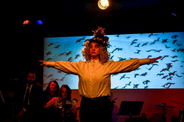 Meghan in a fancy hat, arms stretched wide, with a projection of birds behind her