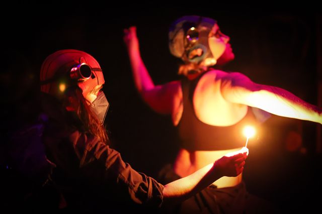 One bower bird dancer holds a match to light the other as they dance