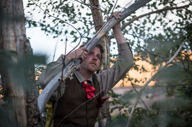 Kenny in a brown suit with red bow tie, looking through the branches of a tree