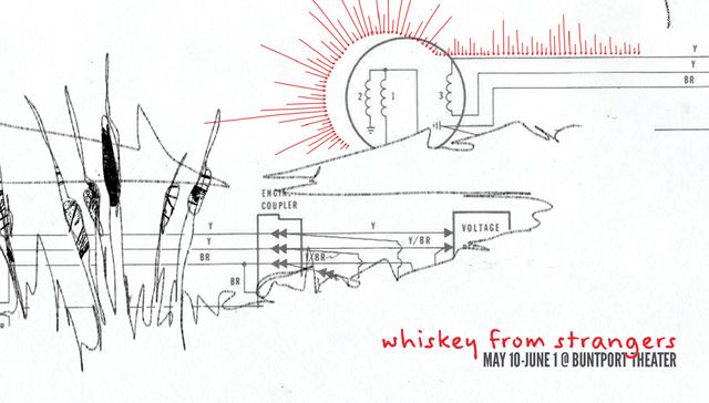 A pond with cattail reeds and mountains, sketched in a single pencil line, with an electrical diagram sun reflecting in the water - small red arrows form rays pointing in at the sun