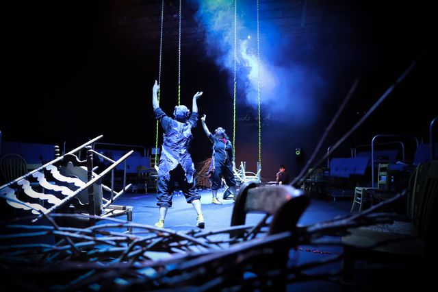 Two bower birds dancing in blue light and haze, behind a nest of chairs and branches